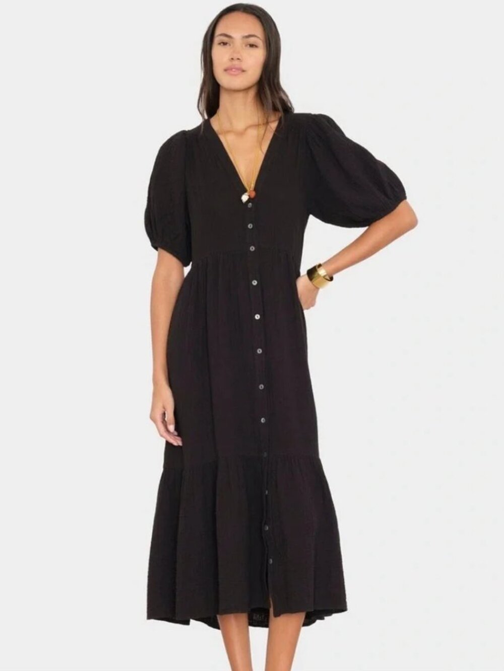 Xirena Lennox Cotton Puff Sleeve Gauze Textured Buttoned Front Maxi Midi Dress L